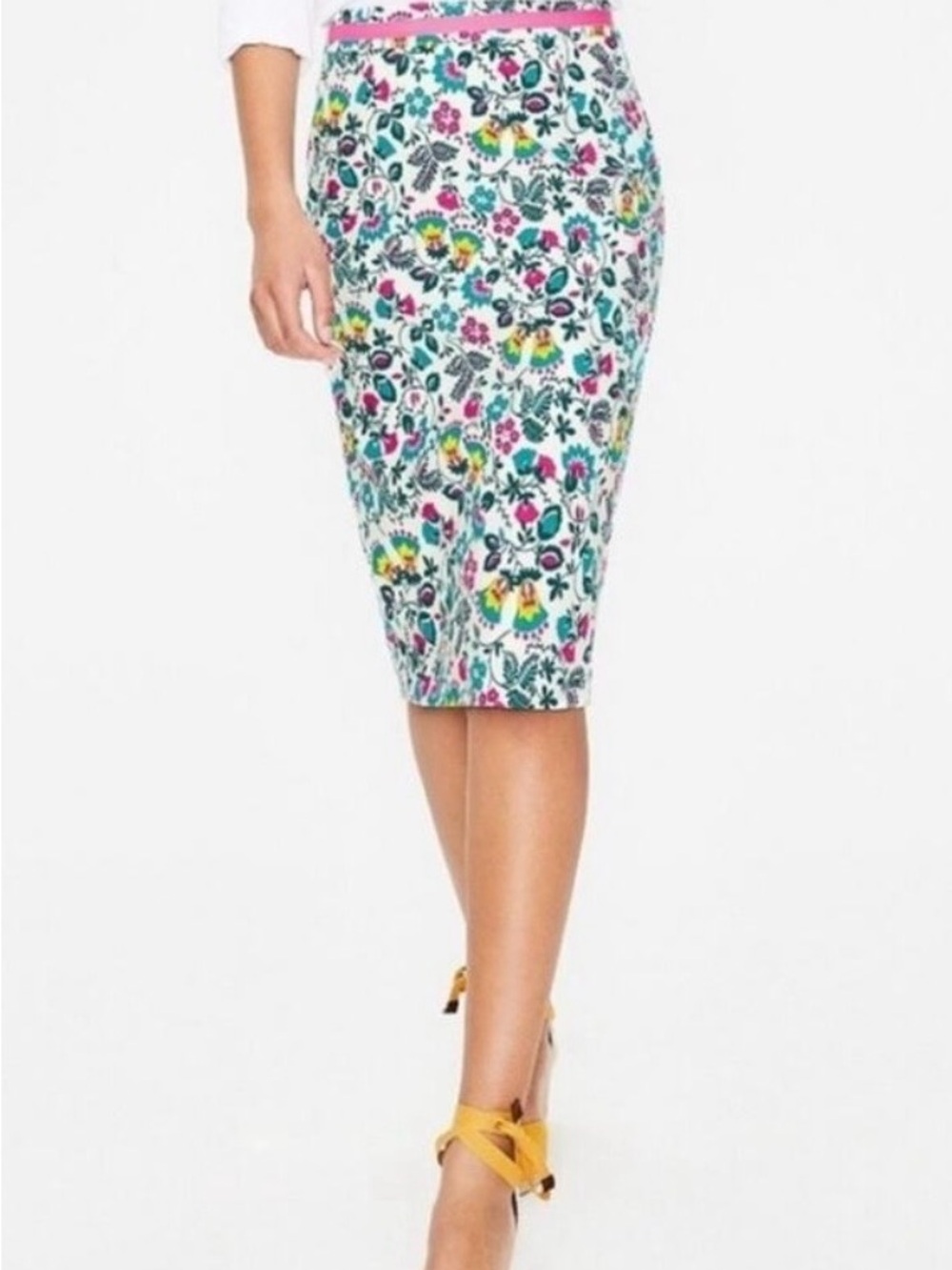 BODEN Modern Pencil Skirt High Waist, White with Colorful Floral, UK 12R / US 8R